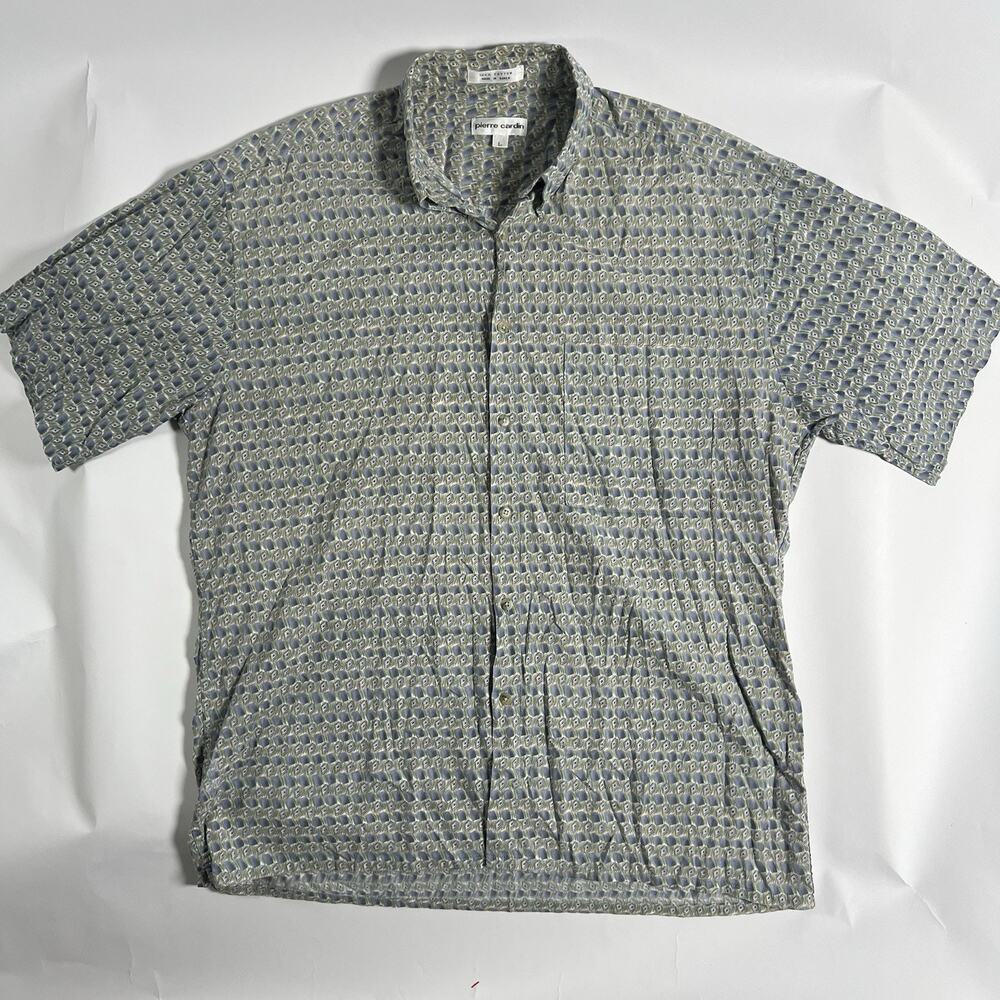 Pierre Cardin Men's Green/Blue/Beige Geometric Woven Cotton Button-Up SS L 48"